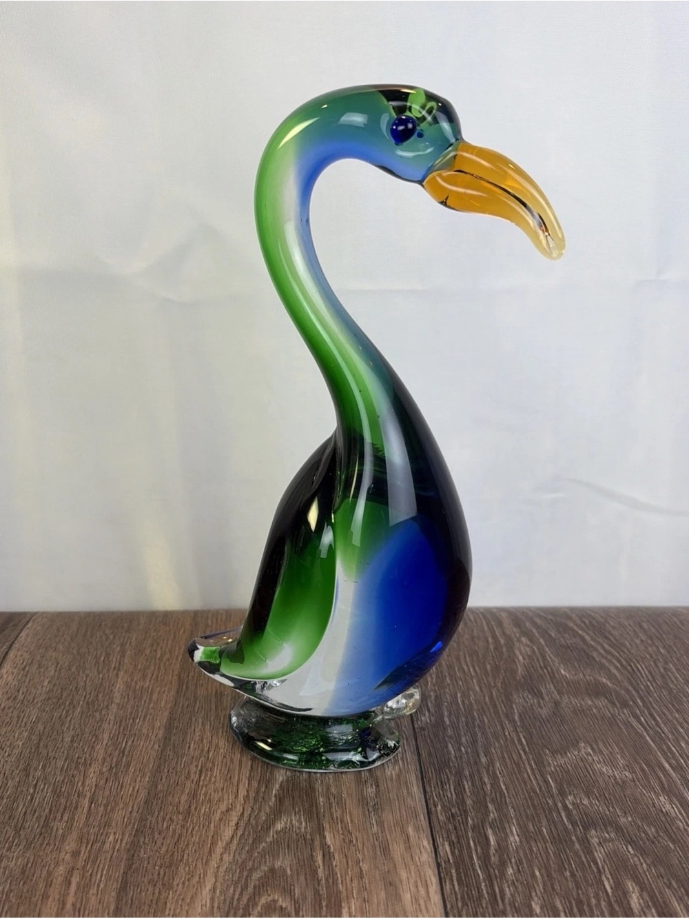 MCM Handblown 9” Art Glass Duck Swan Bird Blue Green Yellow Figurine - READ